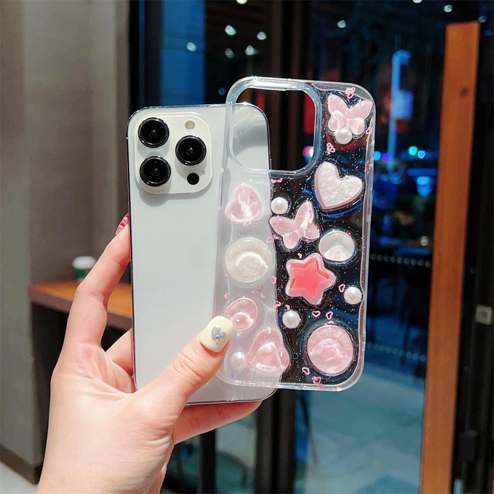 Husă drăguță 3D Laser Pink Butterfly Love Heart Pearl pentru iPhone 15 14 13 12 Pro Max 11 Husă de protecție epoxidice transparentă cu sclipici, rezistentă la șocuri