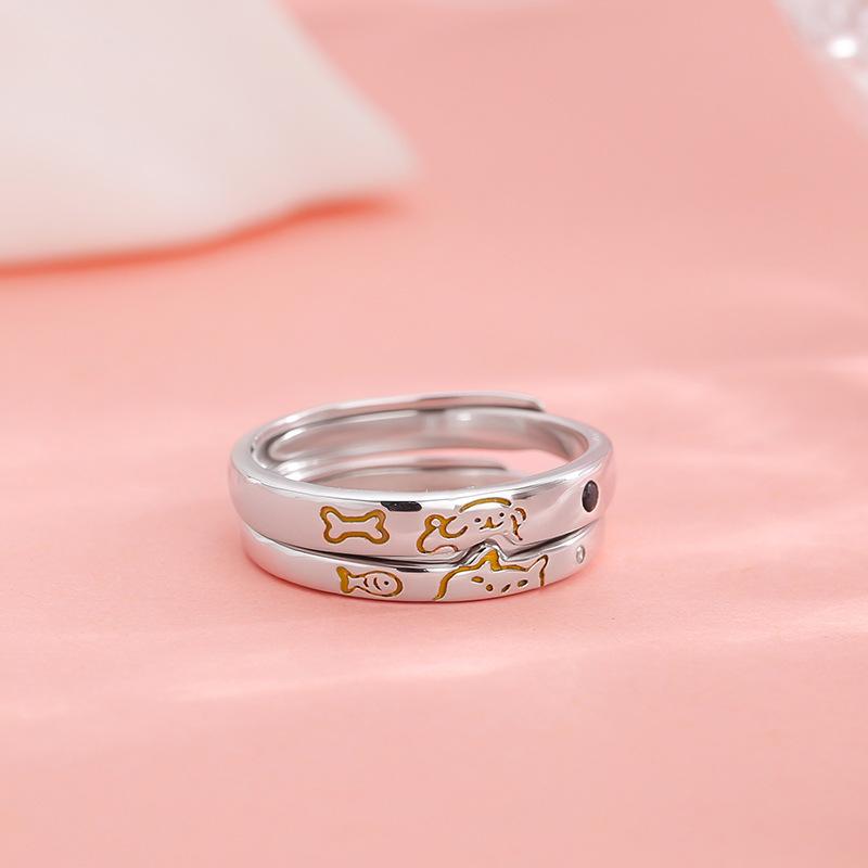 Anelli Dita in Argento Sterling 925 Gattino&Cane Gattino&Cucciolo Per Donne Uomini Coppia Matrimonio Fidanzamento Festa Gioielli Charm