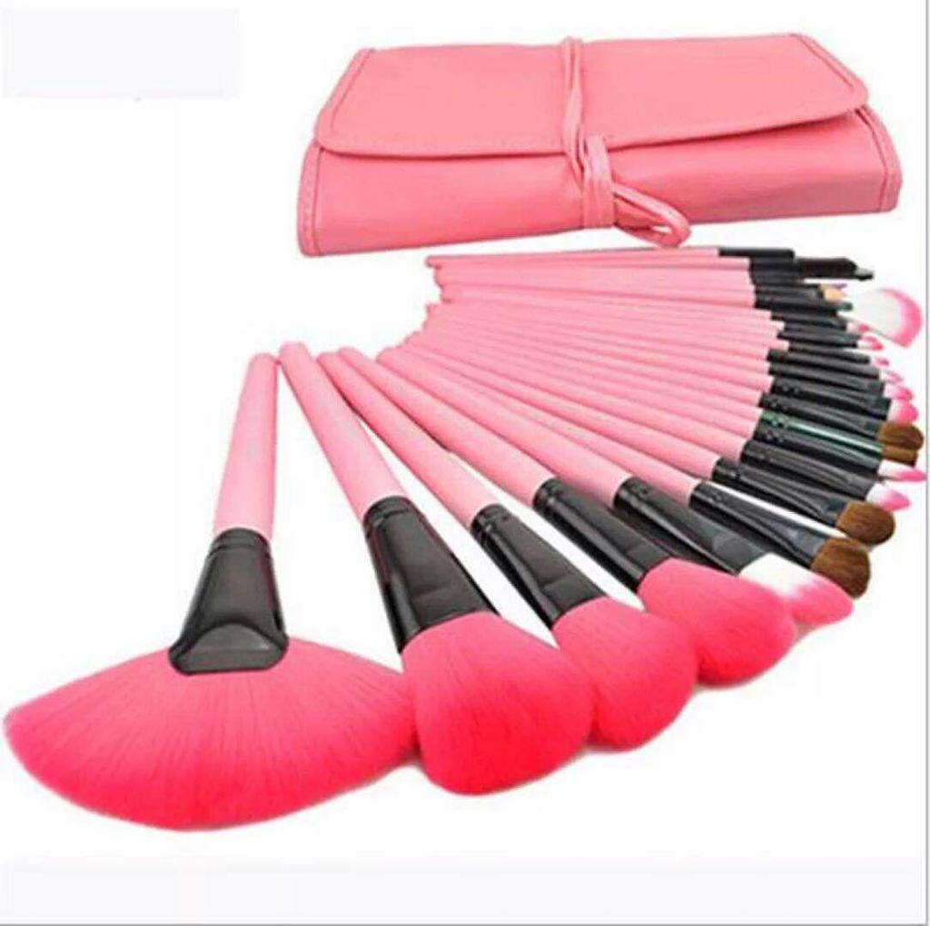 32-Piece Pink Makeup Brush Set with Black Wood Handles