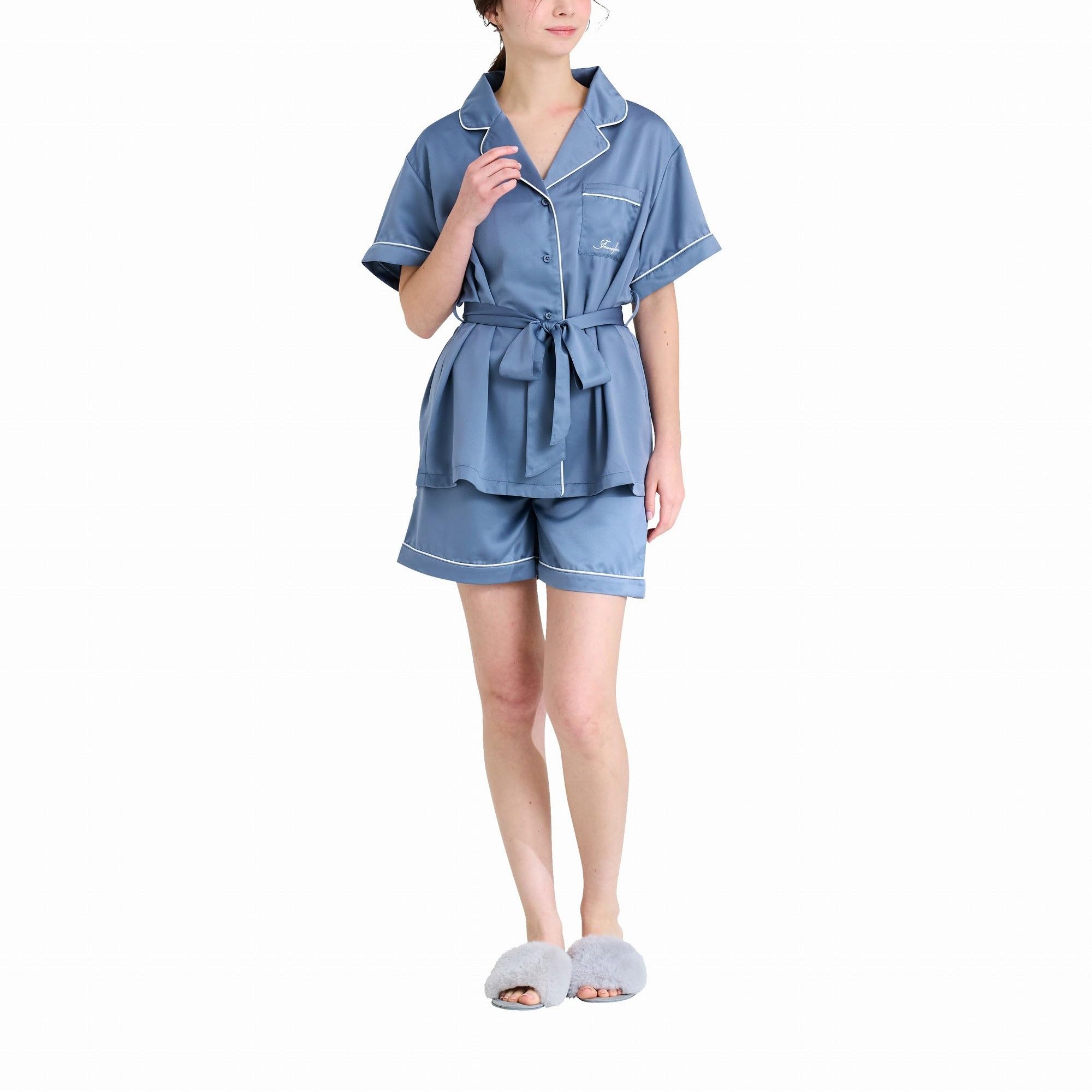 

Francfranc Hyaluronic Logo Embroidered 2025 Top and Bottom Set Acid-Processed Short-Sleeve Pajamas, Blue, Model, Loungewear/Relaxation Wear,