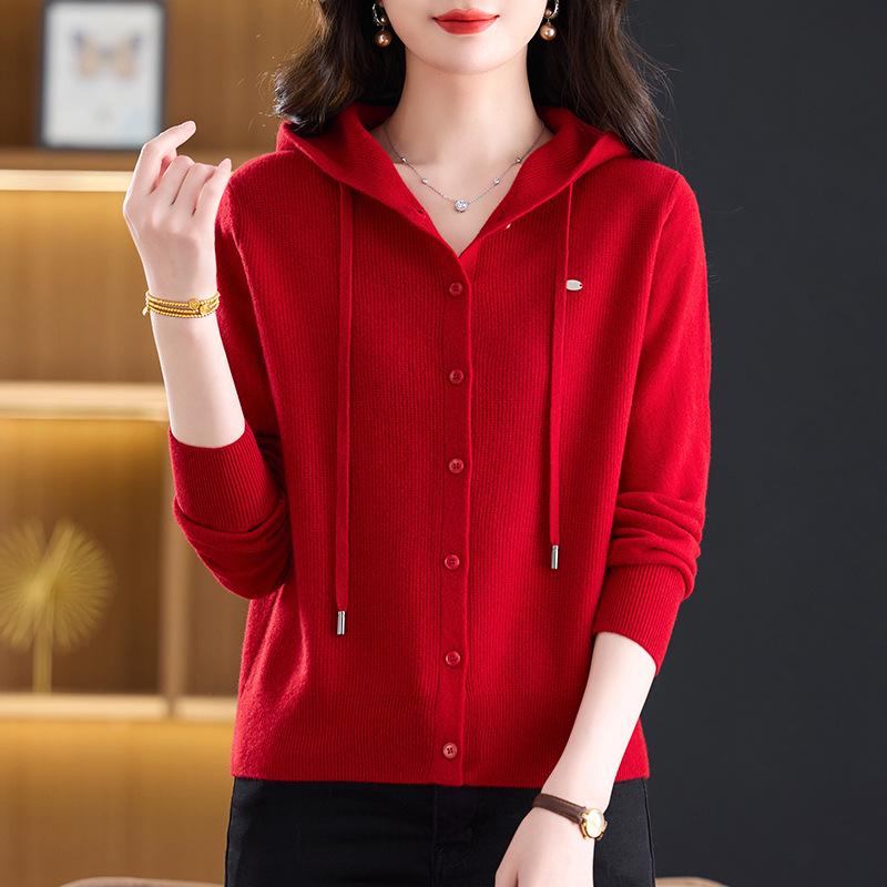 Women's Hooded Pure Wool Knit Cardigan - New Autumn/Winter Casual Outer Layer & Warm Short Sweater Coat