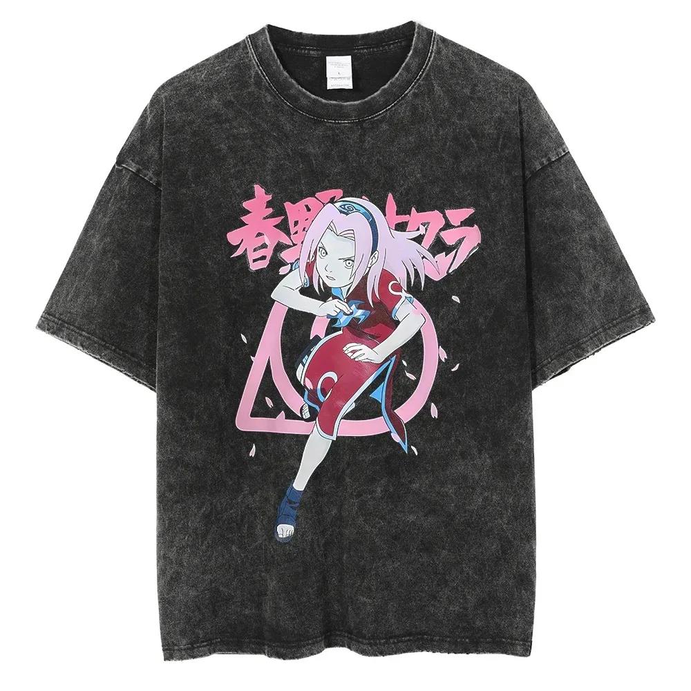 Baumwolle Herren Vintage Japan Anime Print Oversize T-Shirt Streetwear Harajuku Sommer Schwarz Kurzarmhemd Locker Baumwolle Oberteile T-Shirts