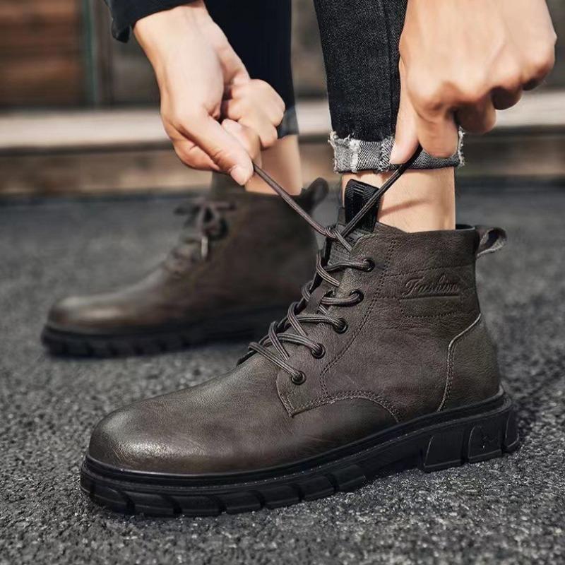 Fashion Boots Men's New Trendy British Style High Top Men's Shoes Casual Black Soft Soled Workwear Leather Boot Waterproof Boots for Men