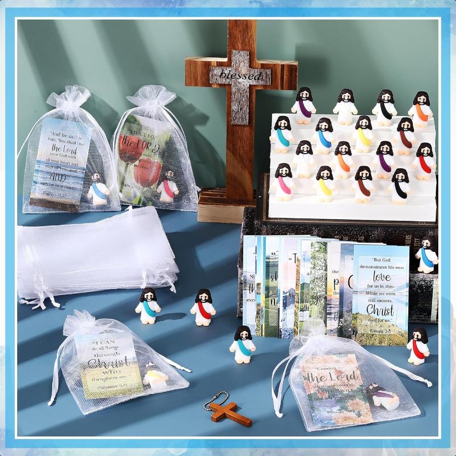 Bememo 25 Sets Mini Jesus Figurines Easter Toys Include Little Rubber Jesus Figurines Prayer Cards and Bags for Religious Party