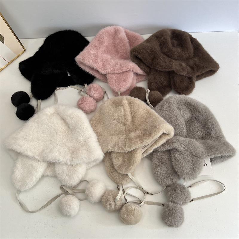 

Solid color ball plush ear protector strap bucket hat female autumn and winter cycling warm child M（56-58cm） чорний