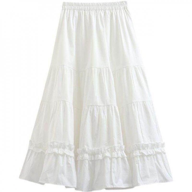 Women's Spring and Autumn White High-Waisted A-Line Umbrella Skirt Long Skirt Autumn Tiered Cake Skirt