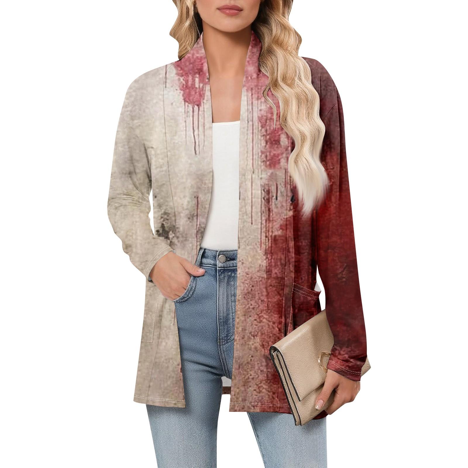 

Женский кардиган с длинным рукавом, V-образным вырезом, модная рубашка с принтом на Хэллоуин, легкий, повседневный, свободный, тонкий кардиган с карманами XXL