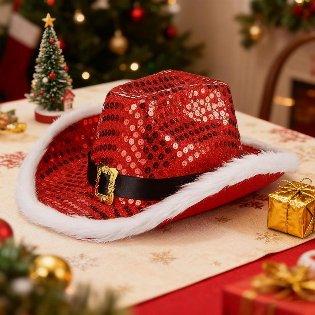 Fashion Santa Claus Party Christmas Luminous Cowboy Hat Western Red Felt Hats Wide Brim Cowgirl Hat Jazz Hat for Women Men