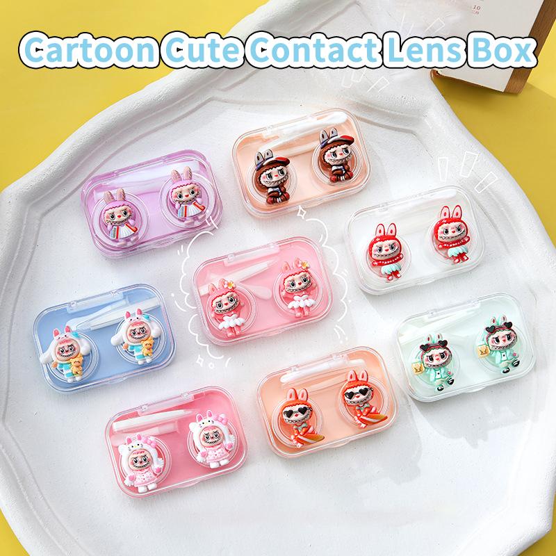 Cute Portable Eye Contacts Case Labubu Cartoon Beauty Pupil Storage Box With Wearing Stick Tweezers Travel Contact Lenses Case