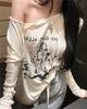 Women's Retro Off-Shoulder Long-Sleeve Graphic T-Shirt - Spring Sunscreen Blouse, Lightweight & Relaxed Fit