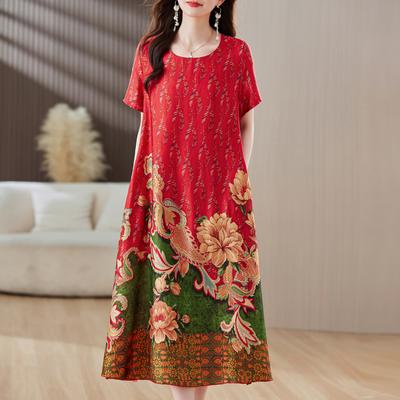 Woman Elegant Dress Summer Plus Size Loose Casual Short Sleeve Long Dresses Vintage Middle-aged Women's Clothing