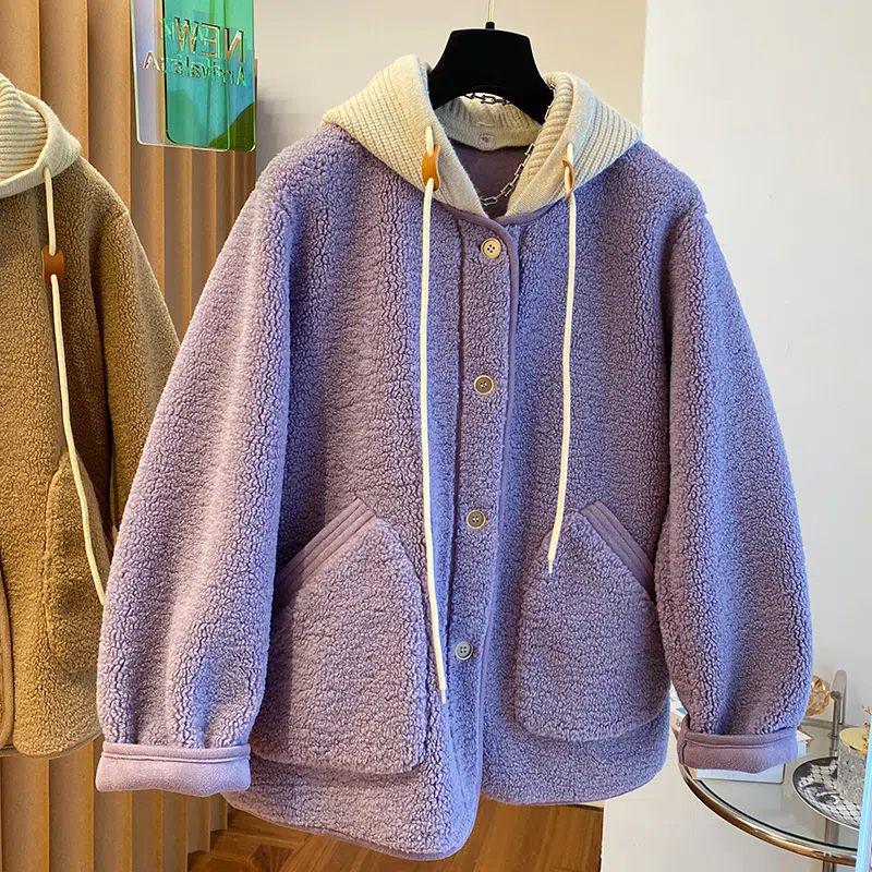 Women's 2025 Patchwork Lamb Wool Hooded Sweatshirt – Fleece-Lined and Loose Fit for Autumn/Winter