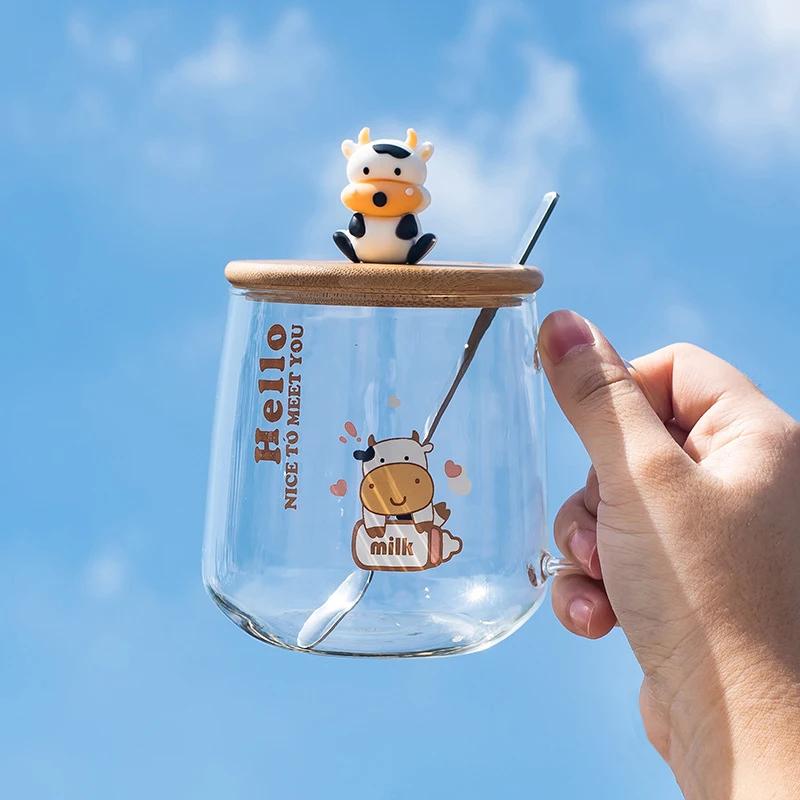 

Милые кружки, кофейные чашки, креативная мультяшная корова, стеклянная кружка с крышкой, ложка, стаканы для напитков, чайная чашка, рождественский подарок, Cupshe 401-500ml