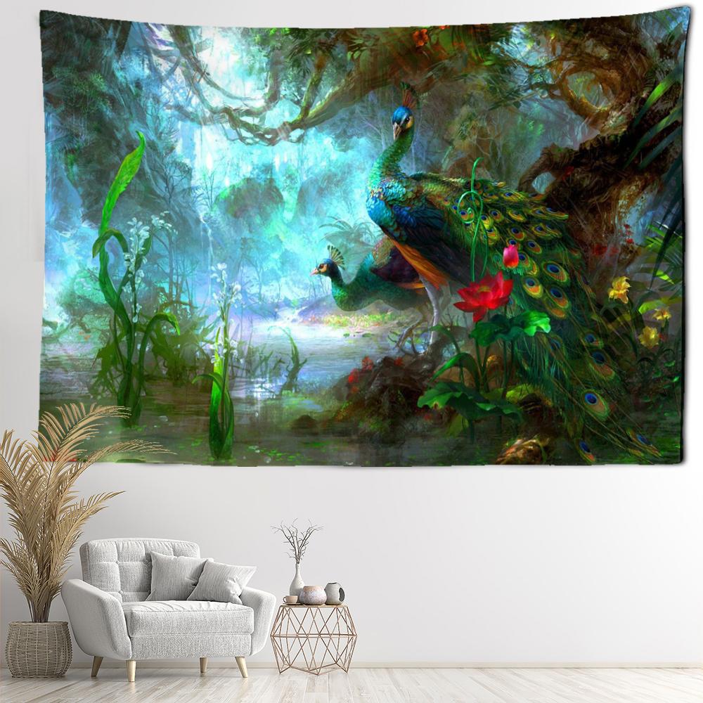 

Гобелен с тропическим лесом и павлином, настенный в богемном стиле, художественный пейзаж, эстетика животных, домашний декор для комнаты 400x220CM