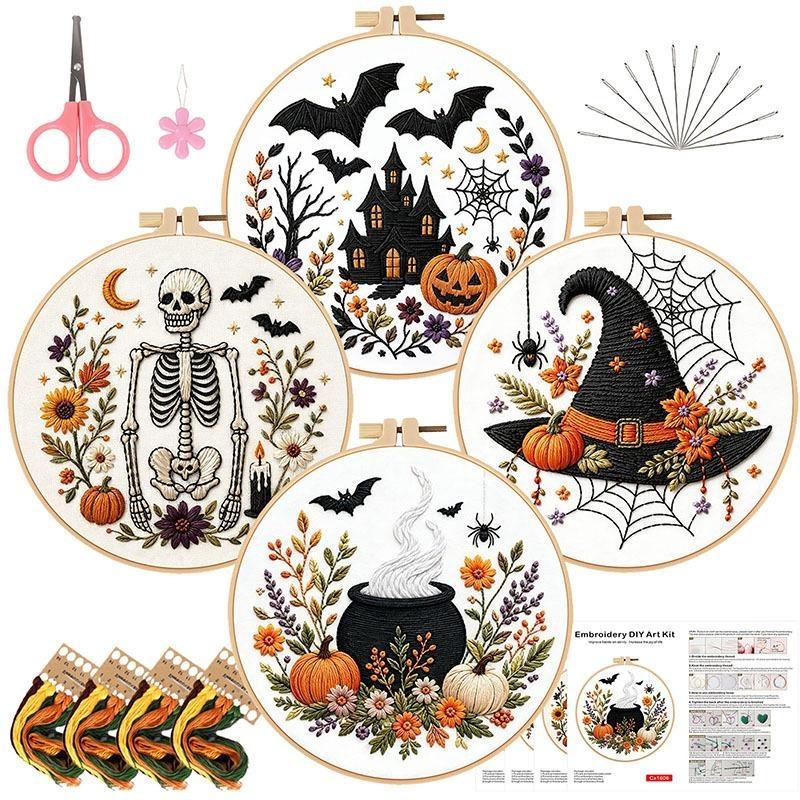 Pumpkin Skeleton Embroidery Kit With En Instructions Thread Stamped Cloth With Pattern Kit For Diy Gift