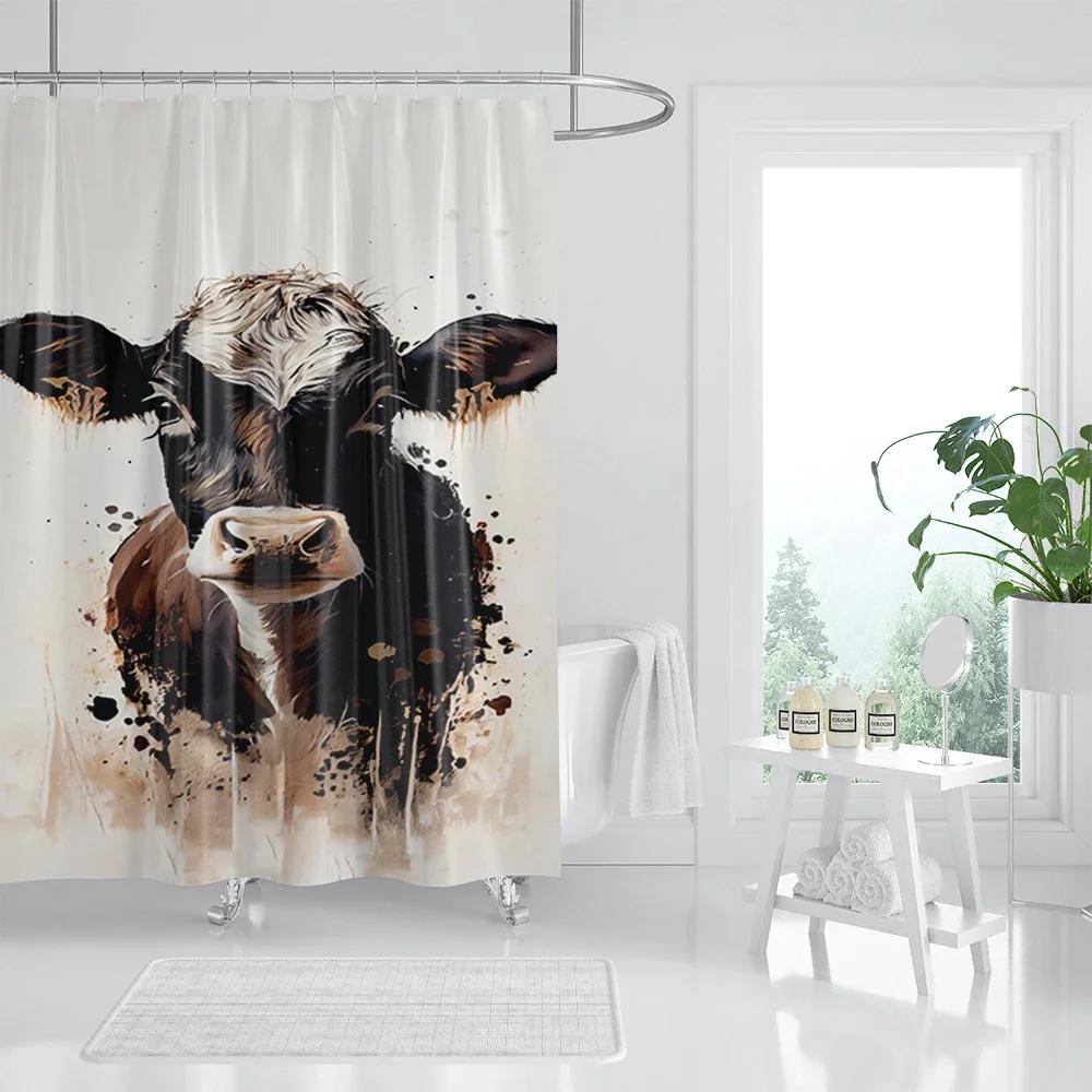Funny Highland Cow Shower Curtain Farm Animal Sunflower Watercolour Flowers Farmhouse Polyester Fabric Bathroom Decor with Hooks