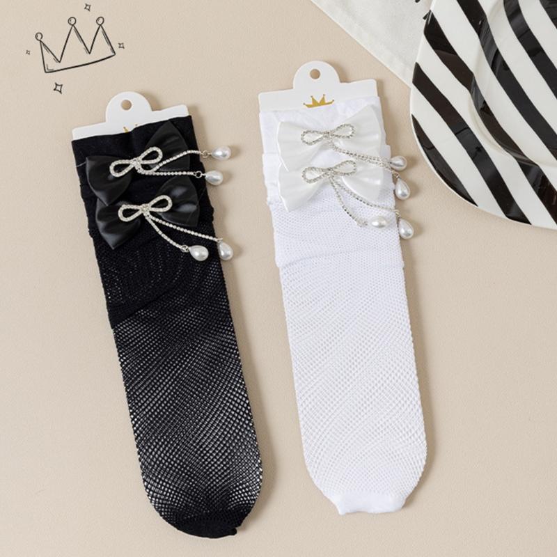 Pack of 1 Pair Girls Breathable Mesh Knee Length Socks Bowknot Accent Socks Stretchy Comfort for 3-10Y Kids
