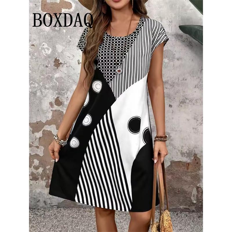 

2026 Fashion Summer Dresses Women s Casual Abstract Floral Print Dress Casual Short Sleeve Loose A-Line Dress Ladies Clothes L