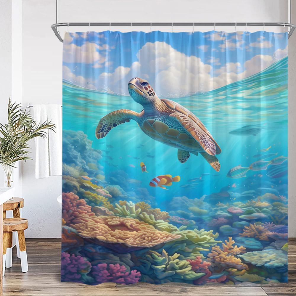 Undersea Cartoon Shower Curtain Sea Turtle Coral Seaweed Tropical Fish Ocean Bathroom Decor Polyester Fabric Bathtub Curtain