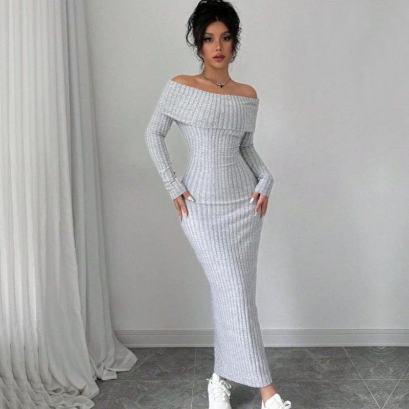 

осень зима Однотонное Платье Макси с длинным рукавом, вырезом лодочкой и открытыми плечами, женское Элегантное Облегающее Эластичное трикотажное платье, женская одежда XL