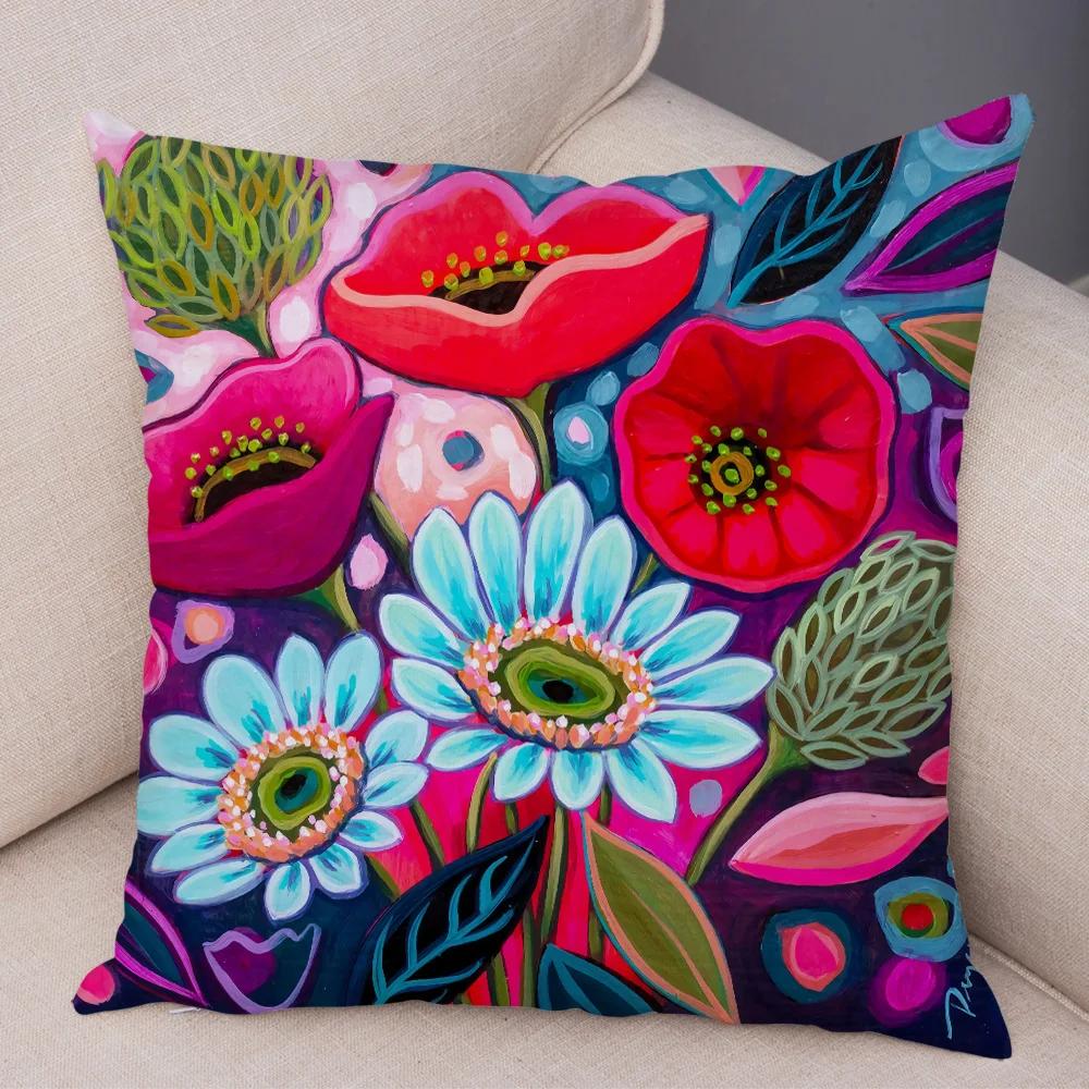 Nordic Watercolor Flower Pillowcase Soft Plush Decor Cartoon Floral Plant Cushion Cover for Sofa Home Children Room Pillow Case