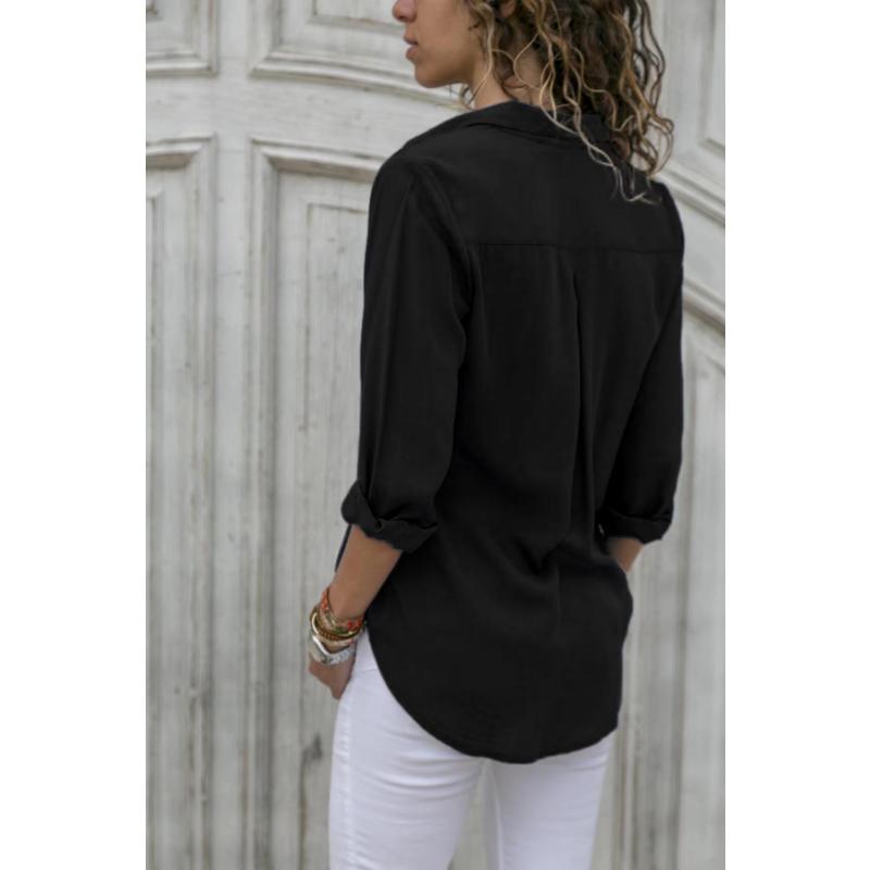 Women's Spring Autumn Chiffon Blouse Long Sleeve Deep V Neck Button Down Solid Color Casual Office Plus Size Shirt for Ladies