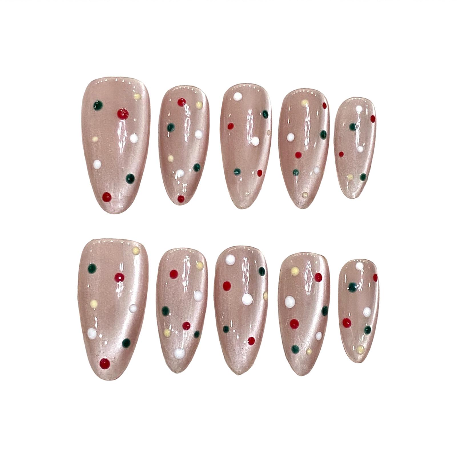 10Pcs Almond False Nails with Polka Dot Cat Eye Design for Nail Art DIY S бежевый