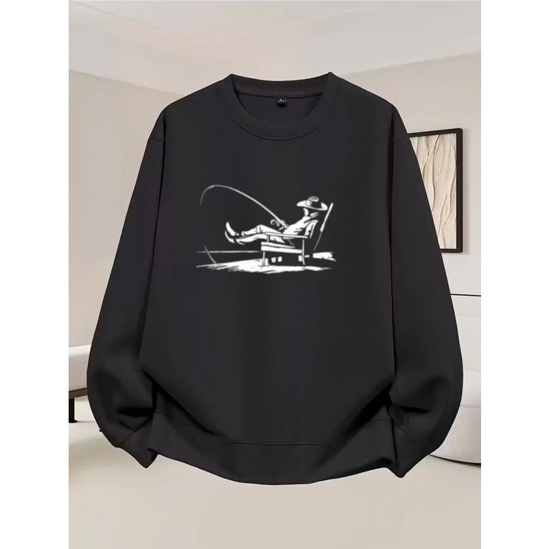 Spring Fall Casual Sweatshirt, Vintage Lazy Fisherman Graphic Print Soft Loose Crew Neck Pullover for Men Street Daily Outdoor Wear