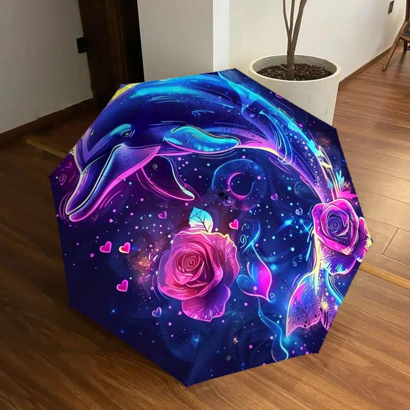 1pc Neon Dolphins Roses Heart Umbrella with Plastic Handle,Suitable for All Seasons Home Travel Outdoor UmbrellaDD420