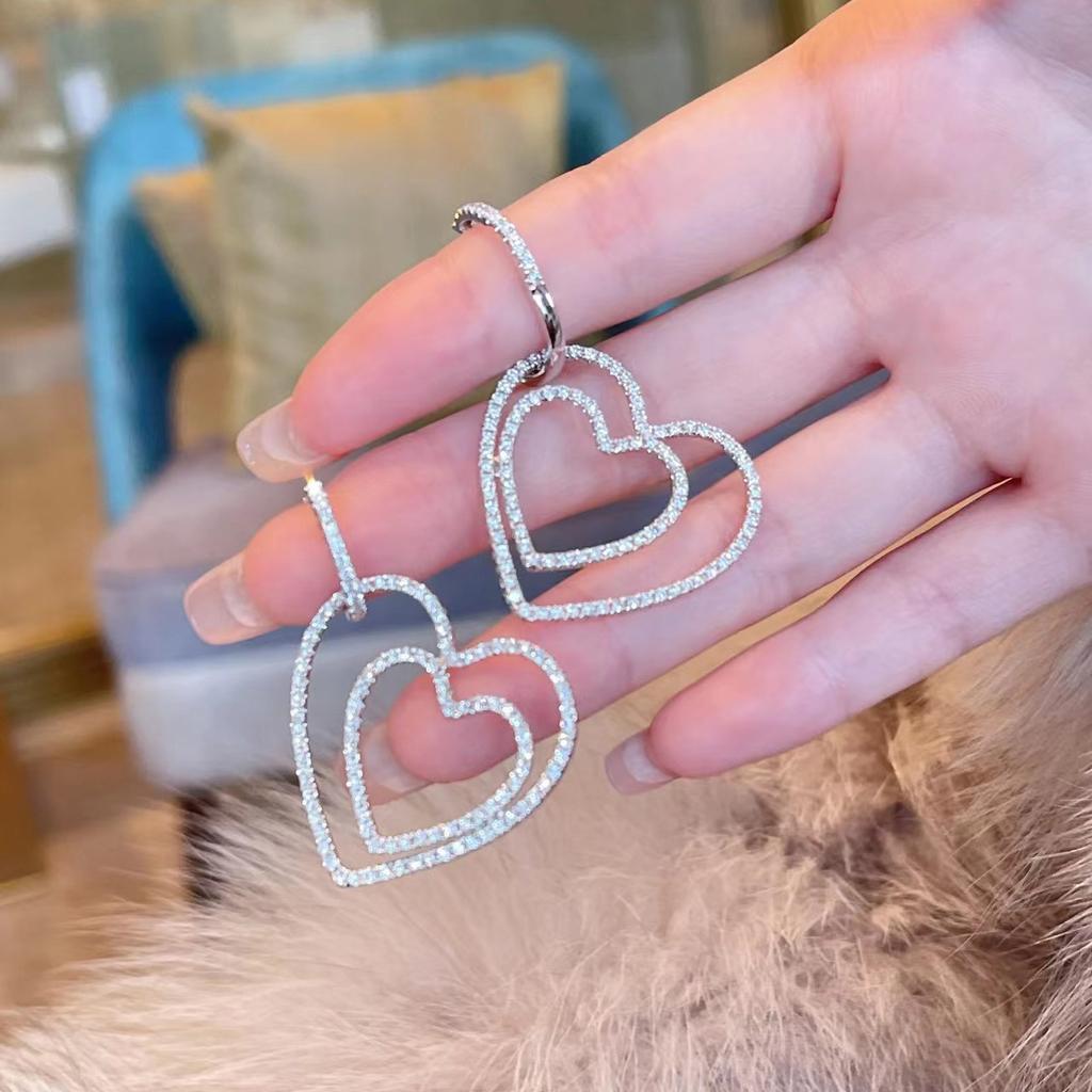 Fashionable Women's Micro Paved Cubic Zircon Brass Huggie Hoop Earrings New Trend Double Heart Drop for Parties and Gifts