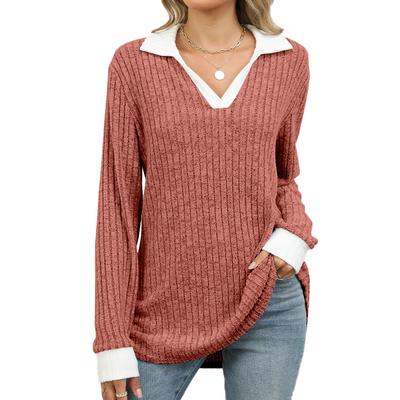 Autumn Stretch Top for Women Winter Knitted Pullovers Fashion Lapel Patchwork Color Long Sleeves Loose T-shirt