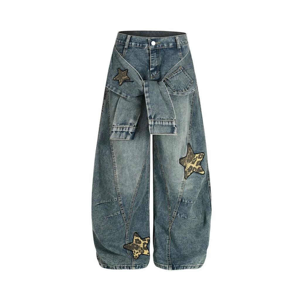 VIONA Damen-Jeans Star Vintage Altblau Gewaschen Baggy Jeans Amerikanisch Locker Weites Bein Hosen Mode Hip-Hop