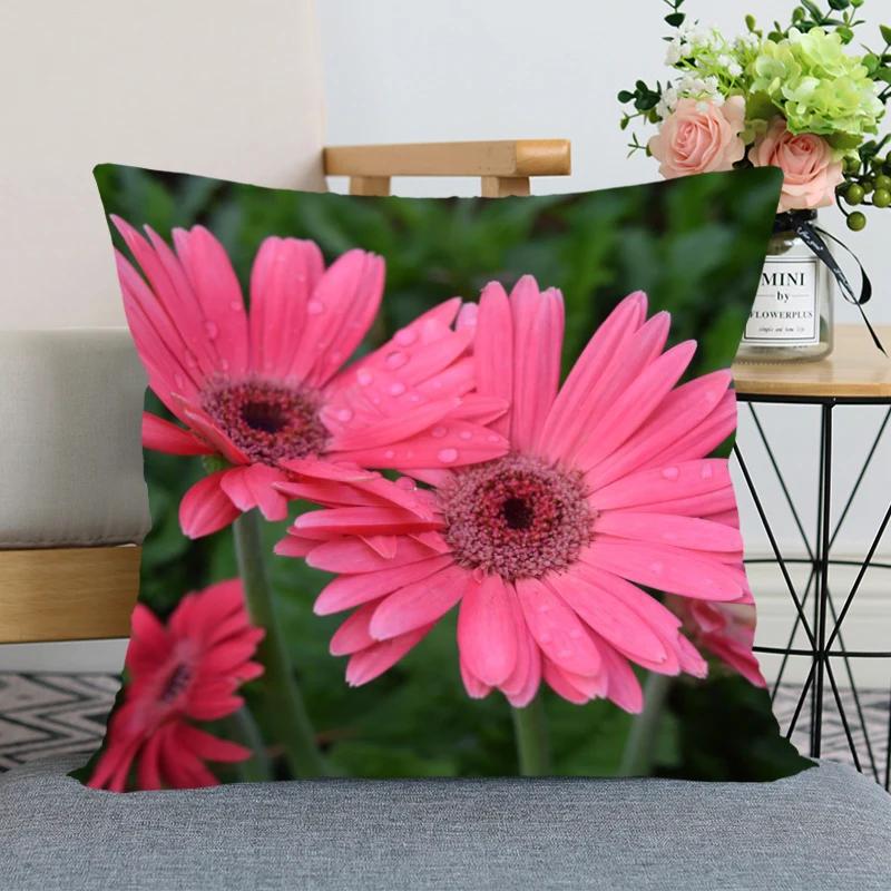 Neuankunft Gerbera Blumenkissenbezug Schlafzimmer Home Office Dekorative Kissenhülle Quadratisch Reißverschluss Kissenbezüge Satin Weich Kein Ausbleichen