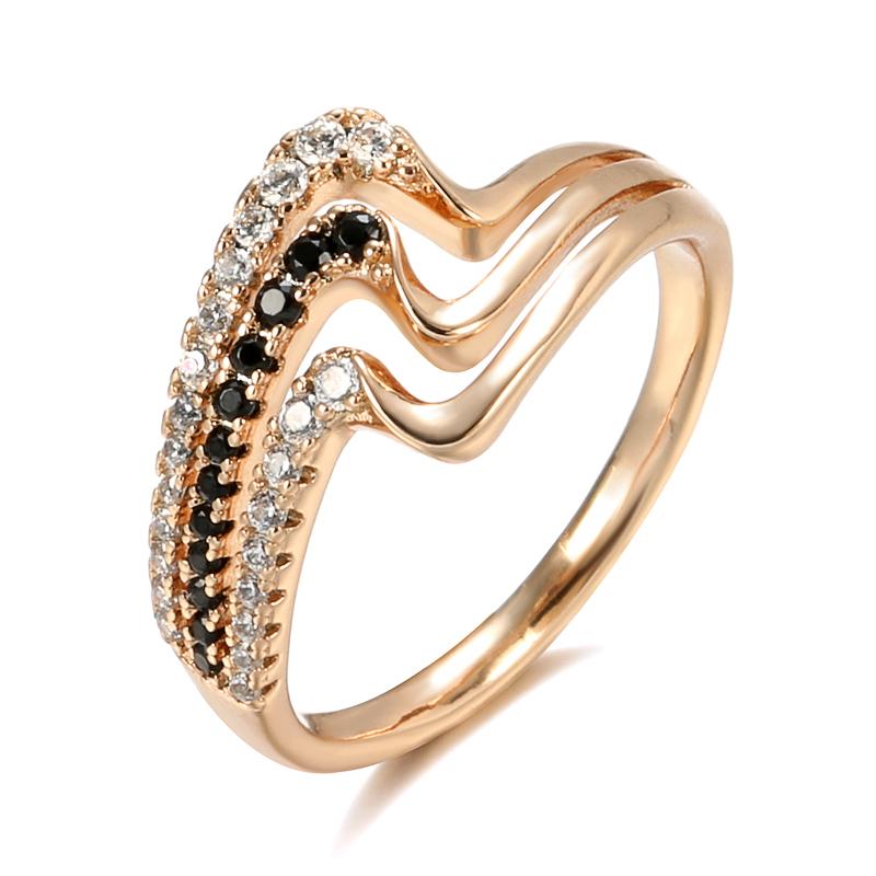 Luxury Rose Gold Natural Black Zircon Ring Fashion 3 Rows Waves Rings For Women Vintage Wedding Jewelry