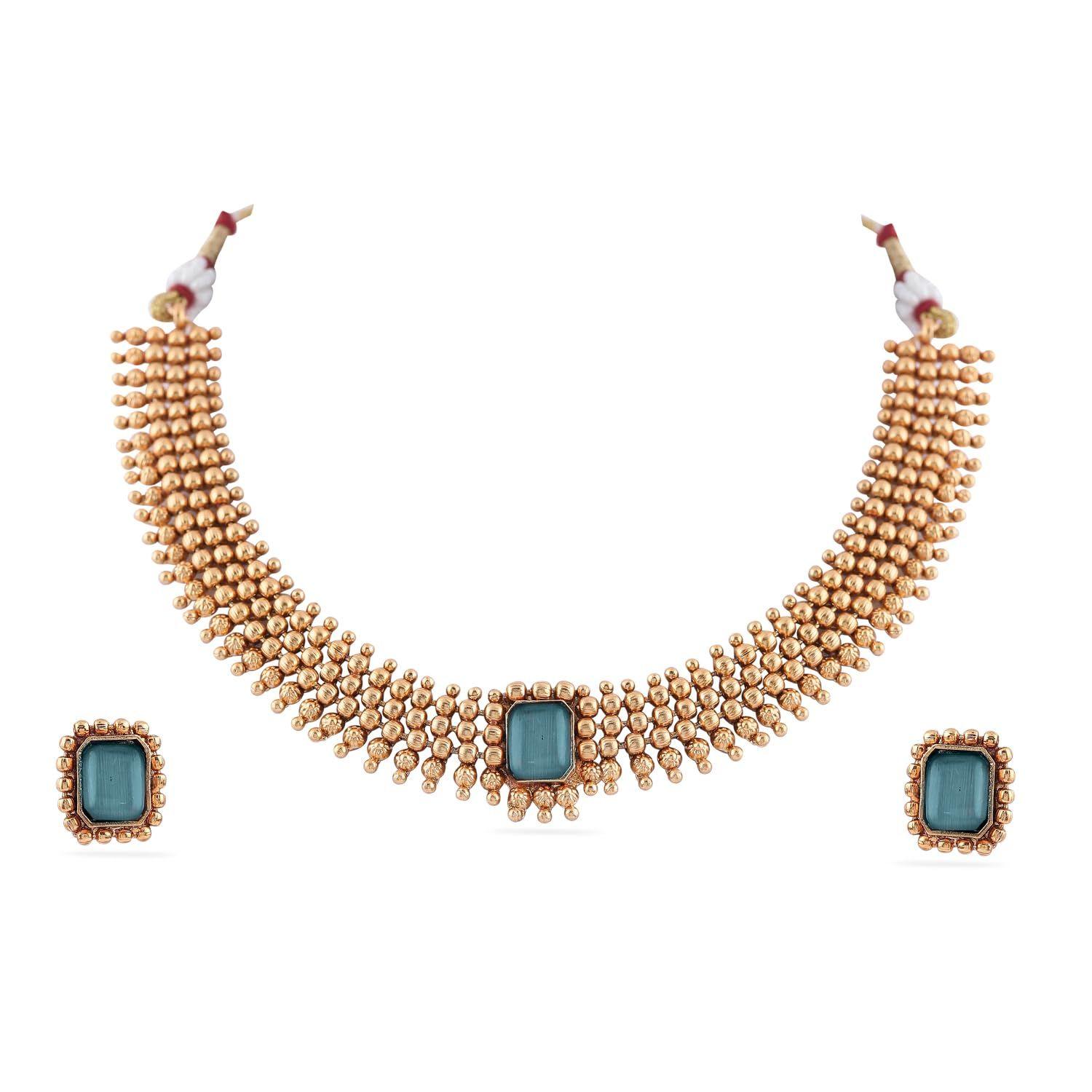 Женский чокер из бирюзового камня с золотыми бусинами