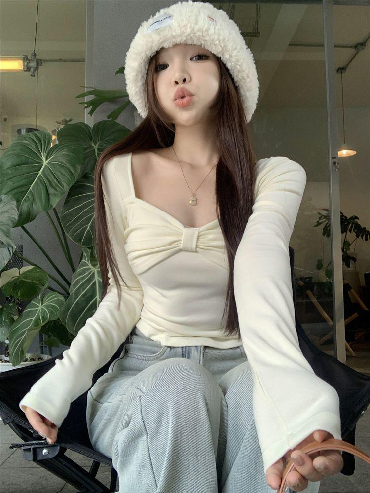 2025 Autumn/Winter Women's Coffee Bowknot Slim Fit Long Sleeve Base Layer Top