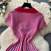 Women's Striped Dress Summer Dress V Vertical Vintage A-line Sweater Dress