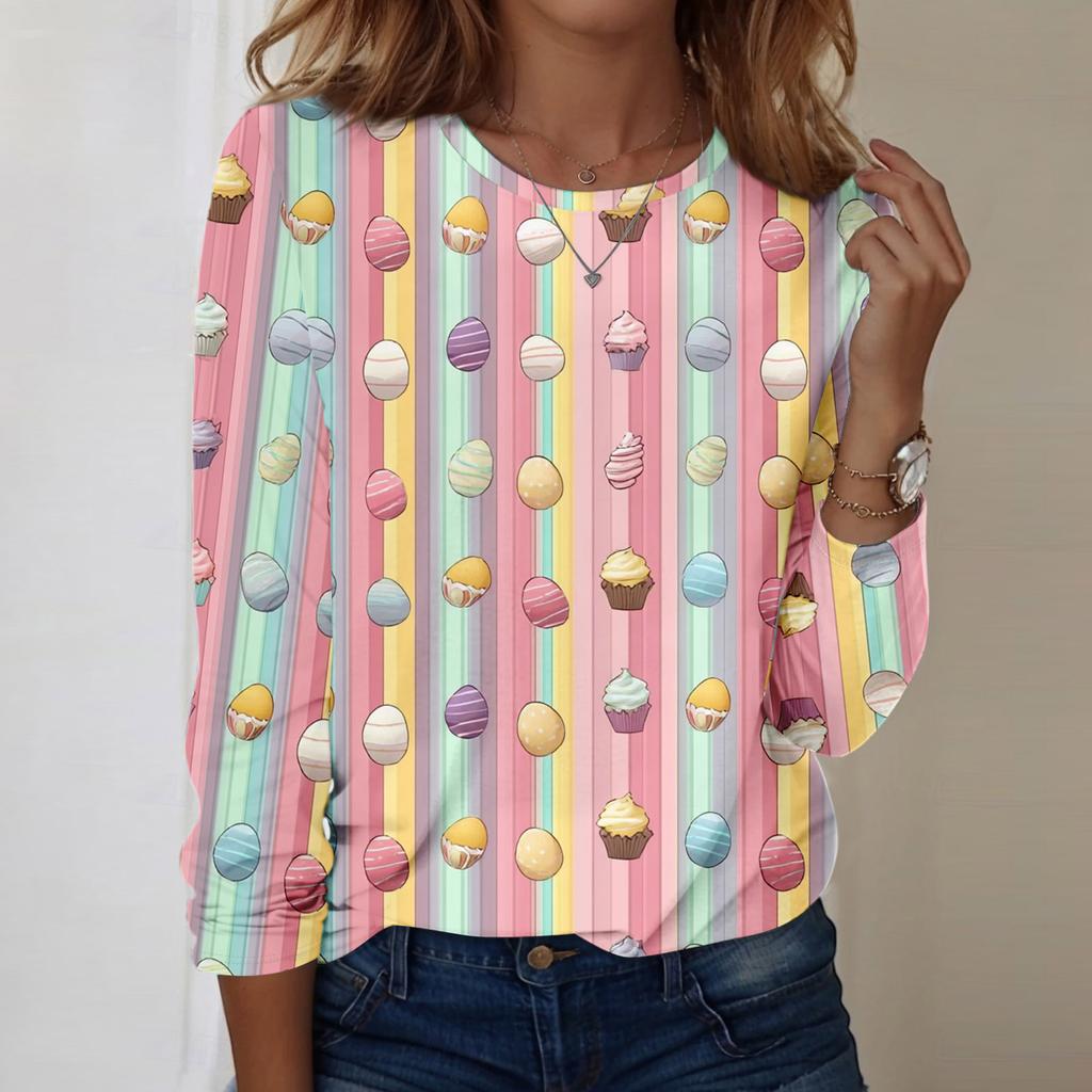 Women's Daily Casual Long Sleeved Easter Printed Round Neck Top
