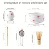 5 Pieces of White Bow Decal Ceramic Matcha Set, Matcha Set Includes Matcha Bowl, Matcha Mixer and Holder, Bamboo Spoon, Sieve