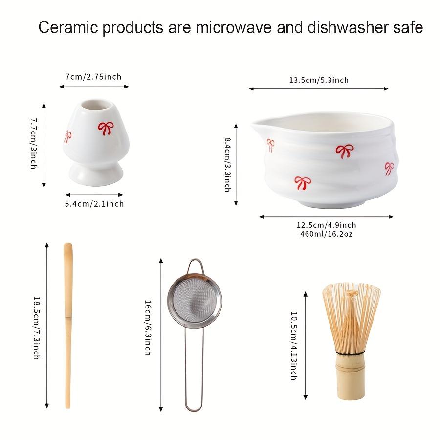 5 Pieces of White Bow Decal Ceramic Matcha Set, Matcha Set Includes Matcha Bowl, Matcha Mixer and Holder, Bamboo Spoon, Sieve