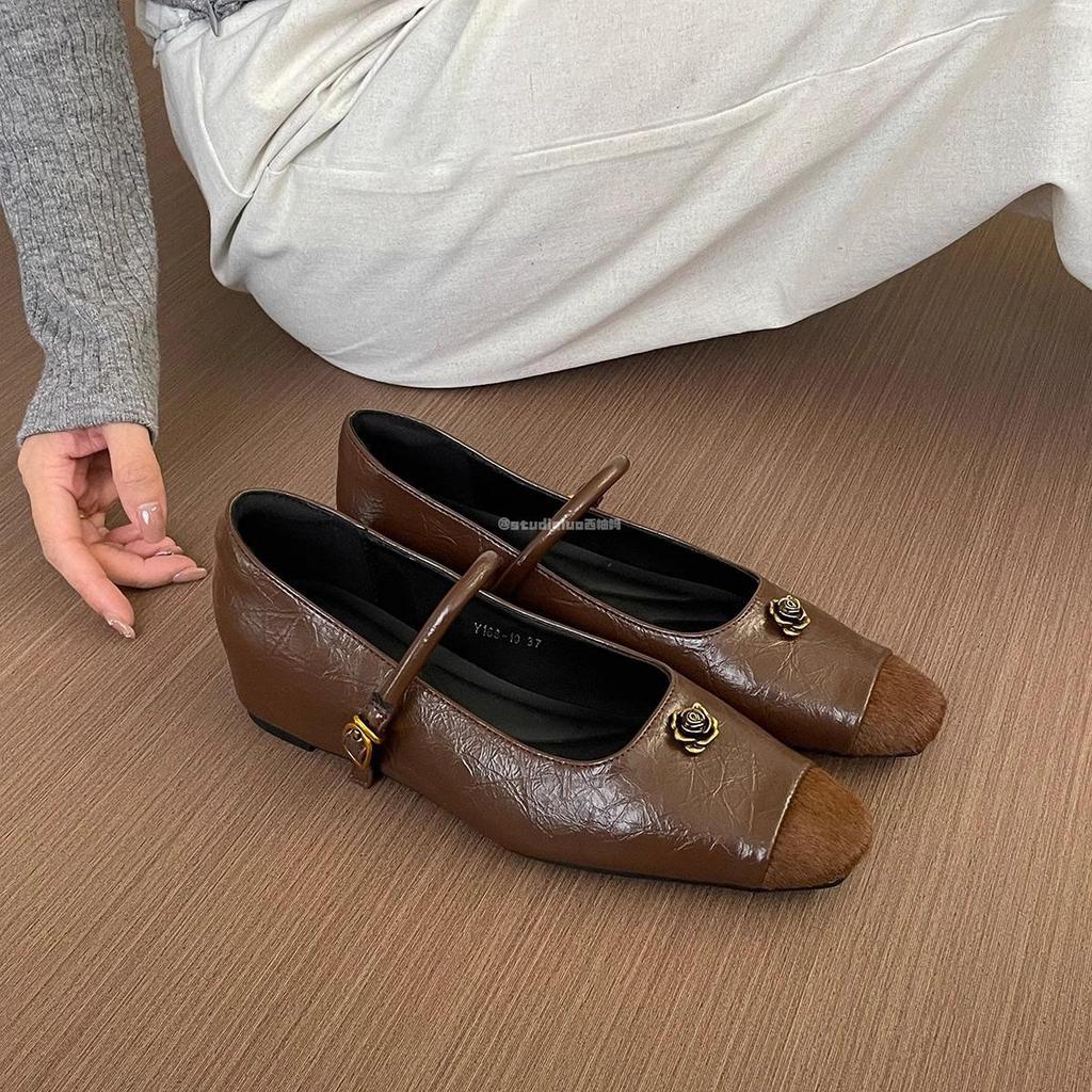 Sheepskin Version~ Leather Inner Height Increase Black Mary Jane Shoes Women's 2025 New Shallow Mouth One-word Strap with Skirt Single Shoes