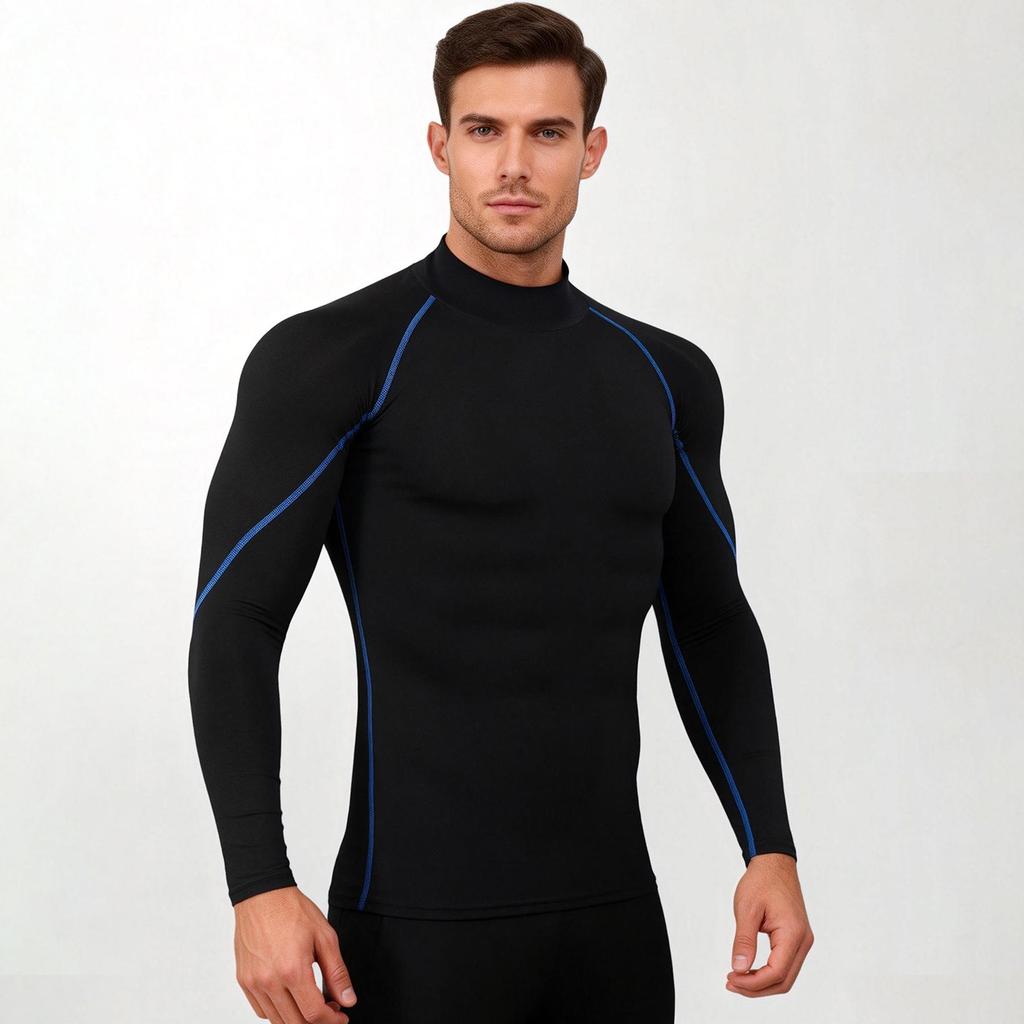 Men's Silk Grid High-Neck Performance T-Shirt - Elastic, Quick-Dry, Long-Sleeve for Autumn/Winter Running.