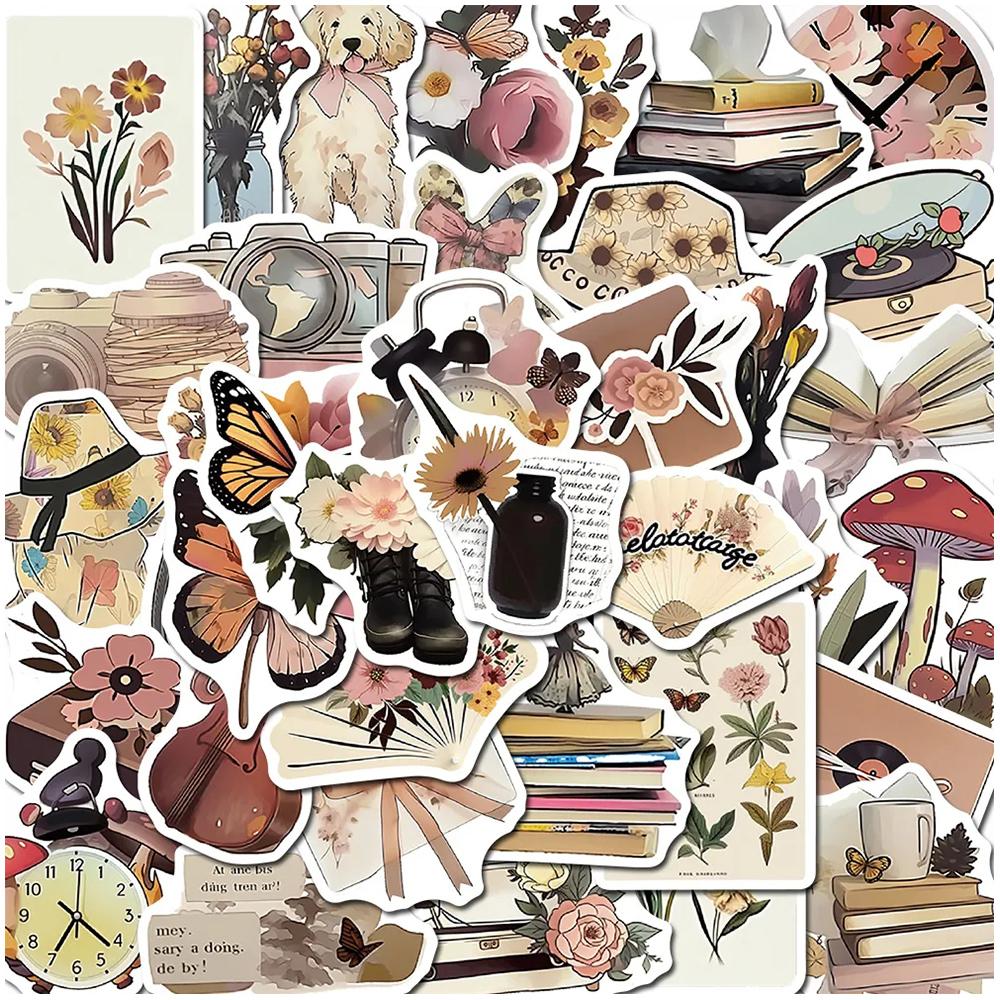 10/30/50pcs Vintage Flower Art Aesthetic Stickers Cartoon Retro Style Graffiti Decals Luggage Laptop Phone Diary Sticker Packing