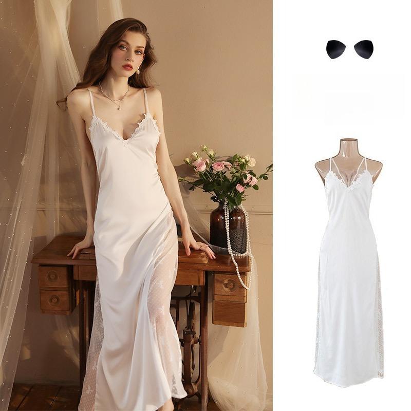 Fairy Style Elegant Lace Nightgown Deep V Built-in Bra Backless Crisscross Lace-Up Loungewear 420 Dreamy Supportive Sleepwear for Romantic Evenings