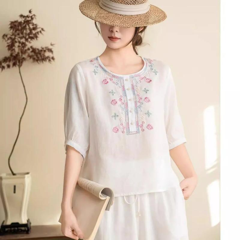 Womens Pink Linen Blouse Casual Floral Embroidered Half Button 3/4 Sleeve Top