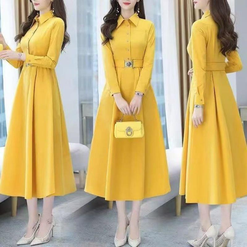 Dignified Solid Color Polo Collar A-line Dress - Women's Long Sleeve, Waist-Cinched Mother's Wear for Spring & Autumn