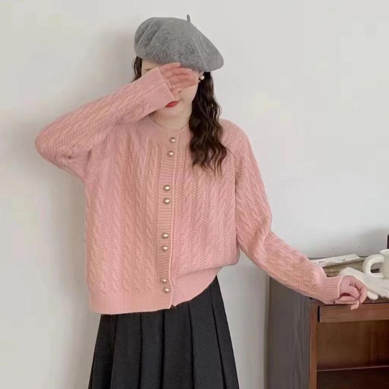 Autumn and Winter New Retro Twist Double Button Knitted Cardigan Women's Crew Neck Versatile Loose Sweater Jacket Tide