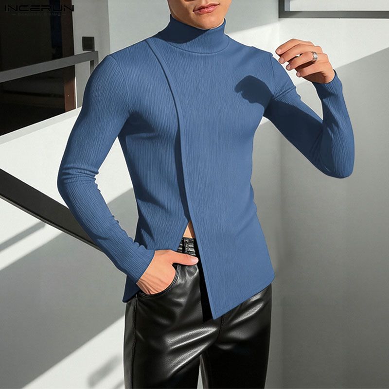 INCERUN Men High Neck Long Sleeve Rib Side Splits Casual Fitted Tops T-shirts Undershirts