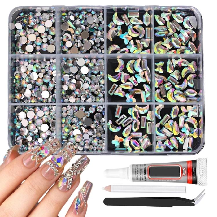 DIY Nail Art Kit With 3mm AB Transparent Flat Back Rhinestones 12 Compartments For Crafts And Fashion