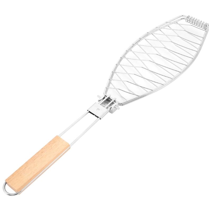 

Foldable Wooden Handle Steel Grill Basket Clip For Fish BBQ Cooking Camping Outdoor Compacts Design Easy Storage 1